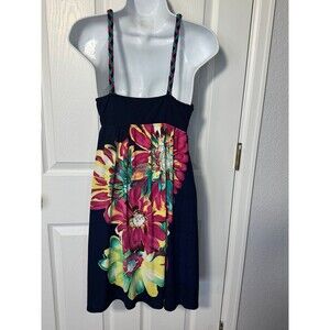 Navy Floral Casual Sleeveless Dress Braided Straps Size M
